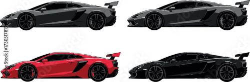 Vector Illustration Set of Dynamic Sports Cars with Rear Wing