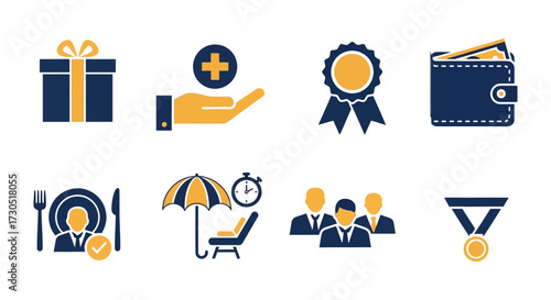 Employee benefits vector icons, set of eight