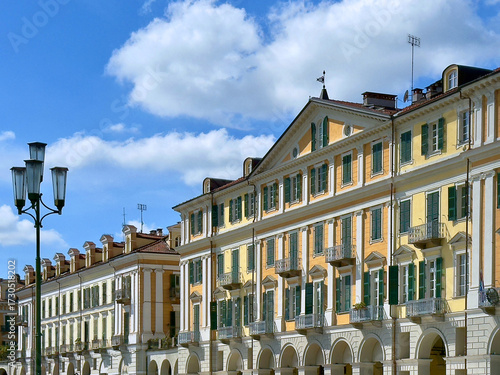 historical colorful buildings in city center of cuneo italy