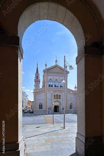 view of the downtown of cuneo italy with church sacro cuore di gesù	