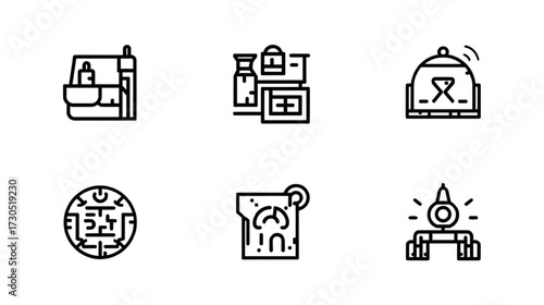Iconic Symbols: A meticulously crafted set of sleek black and white icons that convey essential everyday objects, presenting a unified collection of modern graphic elements for versatile use.