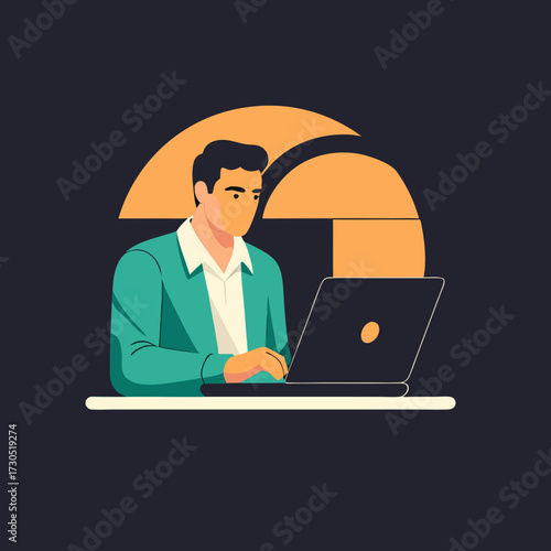 Man working on laptop with focused expression.