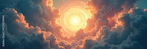 A majestic, ethereal light emanating from swirling clouds, symbolizing divine power and the presence of a higher being , clouds, spiritual