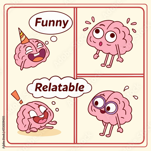 Brain Cartoon Depicting Funny and Relatable Thoughts and Emotions.