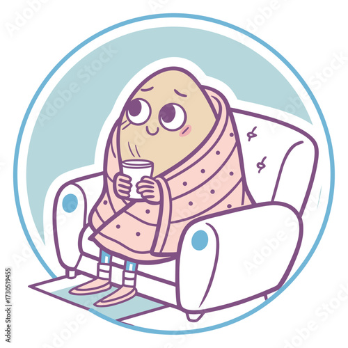 Cozy cartoon character enjoying a warm drink while relaxing on a comfortable armchair.
