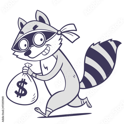 Cartoon raccoon bandit running with a bag of money.