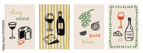 Set of whimsical card with wine bottle, glass and cheese line art. Whimsy sketch drink cocktail glasses, mediterranean dinner hand drawn doodle. Wedding coquette vector outline illustration