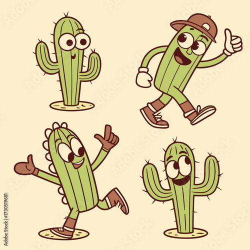 Four cartoon cactus characters in different poses and expressions.