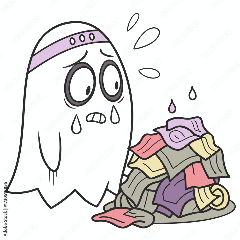 Fototapeta premium Sad Ghost with Laundry Pile Cartoon Illustration.