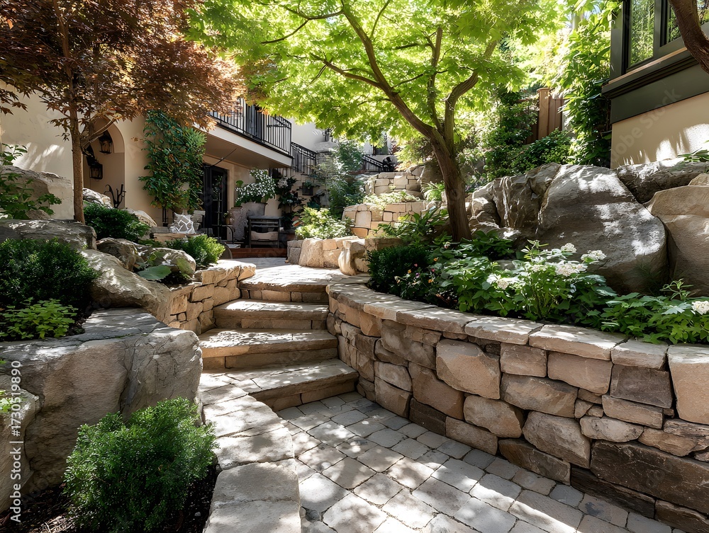 Fototapeta premium Beautifully designed garden with curved, multi-tiered retaining wall of stacked stone next to a paving stone path in dappled, peaceful sunlight.