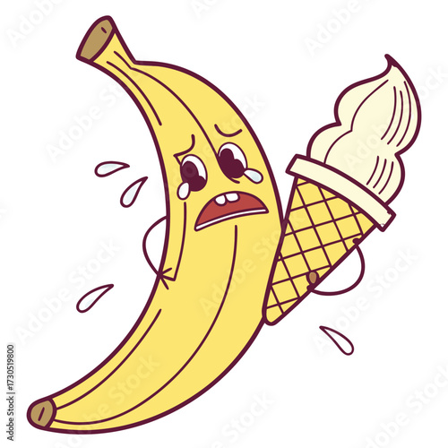 Sad Banana Crying Next to Melting Ice Cream Cone.