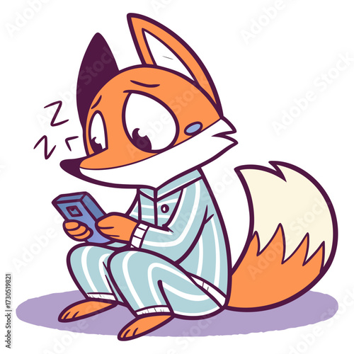Sleepy fox in pajamas checking phone before bed.
