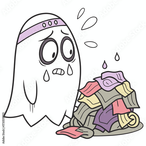 Sad Ghost with Laundry Pile Cartoon Illustration.