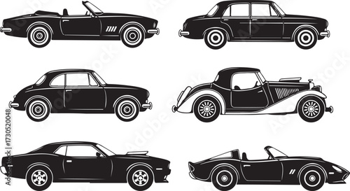 Stylized Collection of Diverse Classic and Vintage Car Illustrations
