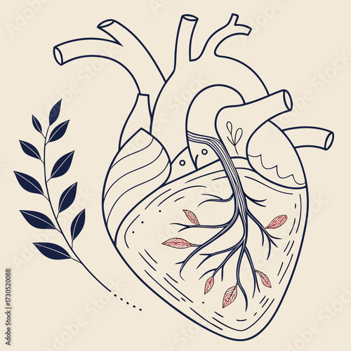 Stylized illustration of a human heart with growing plants inside.