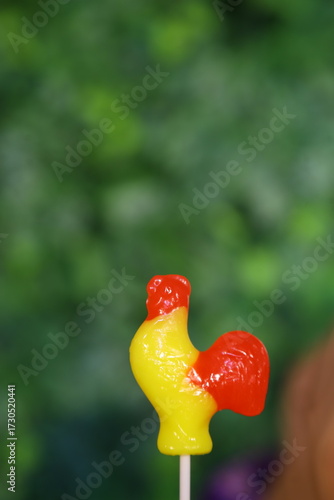 red and yellow chicken lollipop on a Blured background