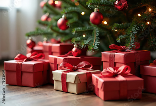 Wrapped Christmas presents under Christmas tree, decorated with lights and baubles, capturing magic and excitement of Christmas morning.