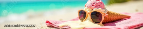 A melting ice cream cone drips onto a sunny beach towel, sunglasses perched precariously on top  Summer fun gone wrong! Hilarious summer mishap , cone, vacation, sun