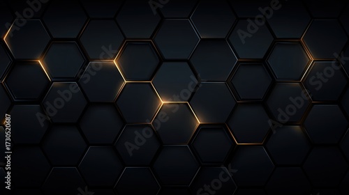 Abstract dark black background with glowing hexagon honeycomb pattern and golden light lines, high detail futuristic design wallpaper with illuminated geometric shapes and modern luxury vector illustr