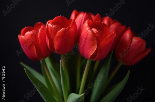 Vibrant bouquet of red tulips on black, symbol of passion and beauty. Great for Valentines cards, spring backgrounds, and floral marketing projects.