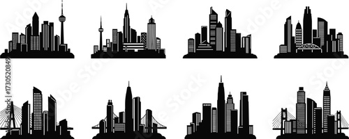 City skyline silhouettes, urban architecture, skyscrapers, towers, bridges, black vector icons, modern buildings, cityscape design, skyline art, metropolitan view