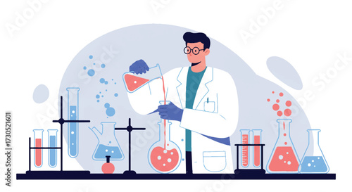 Male scientist in a lab coat carefully pouring liquid from a test tube into a bubbling flask, presented as a vibrant 2D flat vector illustration in a science laboratory.