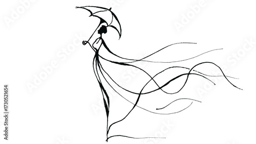 Elegant woman holding an umbrella with flowing dress and lines  on a transparent background.