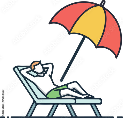 Man Relaxing on a Lounge Chair Under a Beach Umbrella
