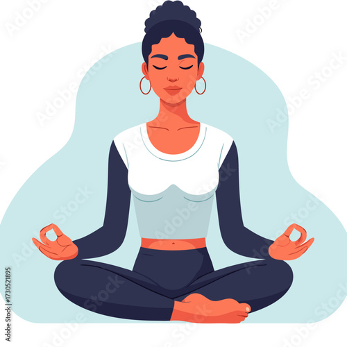 Woman in lotus position meditating with closed eyes and serene expression.