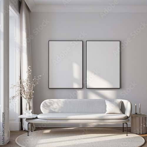 Modern Living Room Poster Frame Mockup with Natural Light and Minimalist Decoration. 3D render. © mtlapcevic