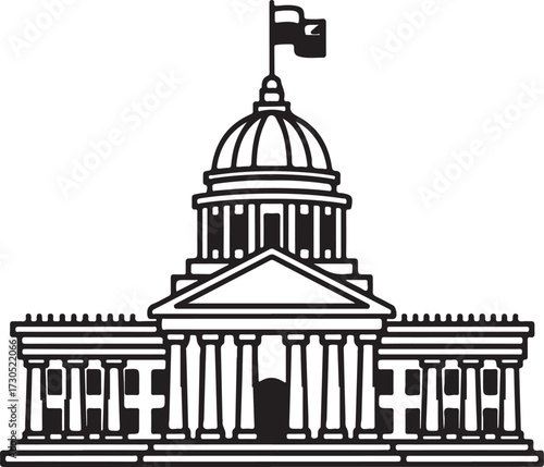 Stylized Black and White Illustration of a Government Capitol Building with a Dome and Flag