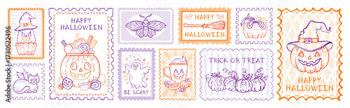 Halloween stamp. Vintage Halloween pumpkin postcard illustration. Vector autumn stamp pattern. Fall pumpkin bow, ghost skull, cat, broom frame poster. Cute postcard design background. Vintage cozy bg