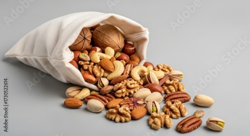 A white bag containing a variety of nuts and seeds.
