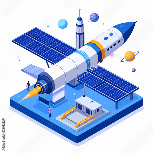 Space exploration technology with rocket and solar panels, representing innovation and future progress in aerospace