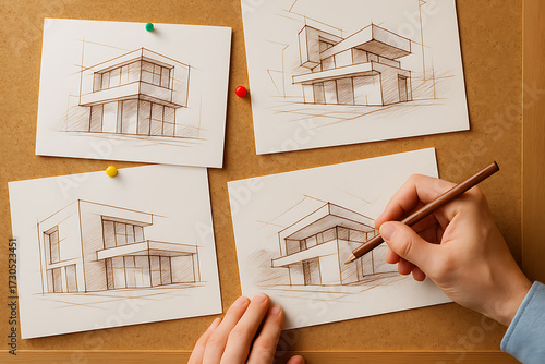 Creative architect hand drawing modern house sketch with multiple architectural draft designs pinned on wooden board