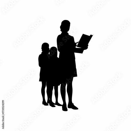 Silhouette of technologist distributing tablets to students isolated on white background