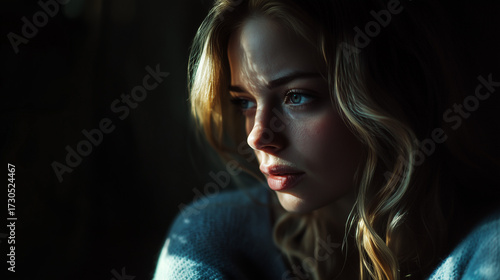 Powerful chiaroscuro portrait emphasizing dramatic contrasts of light and shadow, revealing raw emotion and timeless artistic depth with bold visual impact