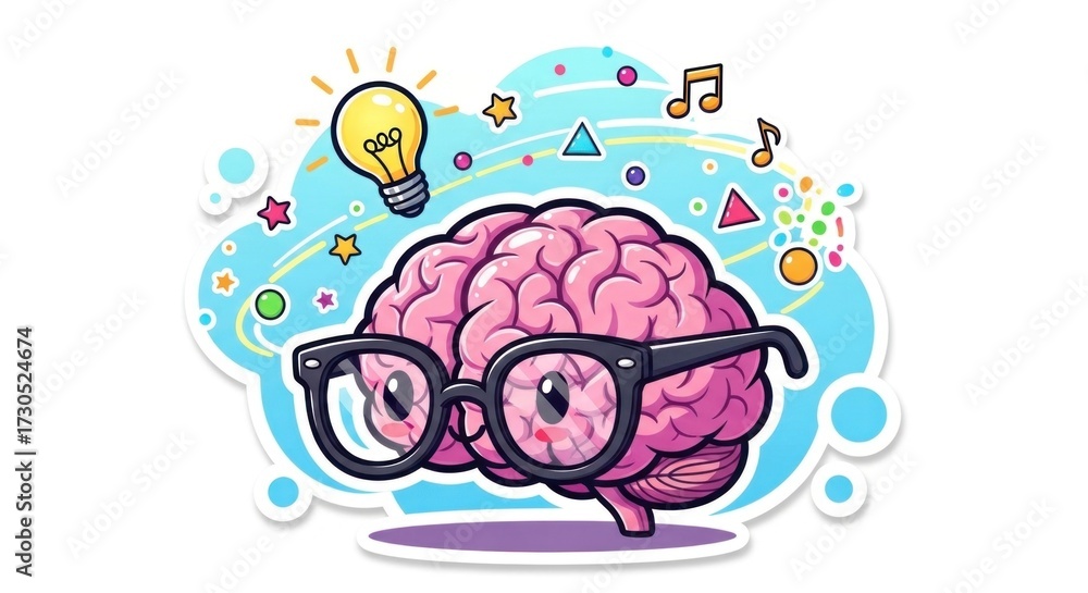 Fototapeta premium A pink brain with glasses, surrounded by stars, a light bulb, and musical notes, against a blue background.