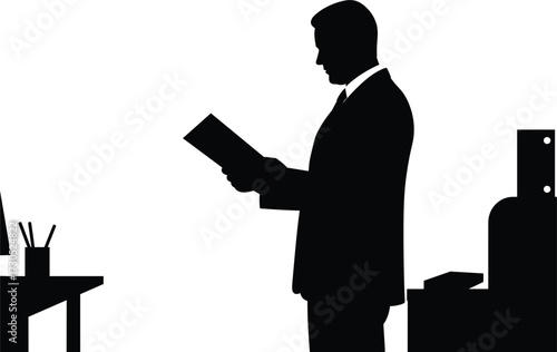 Silhouette of a Businessman Reading Documents in an Office, businessman, silhouette, office, reading, documents, man, suit, tie, desk, computer, pen holder, papers, work, professional, business, isola