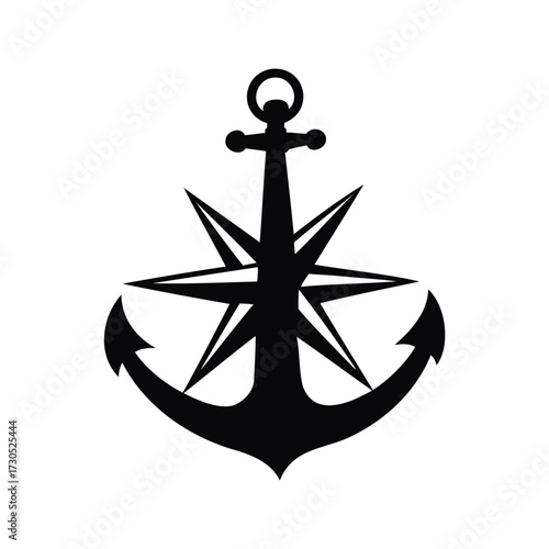 Black and white vector  depicting an anchor and a star shape, anchor with compass silhouette vector illustration