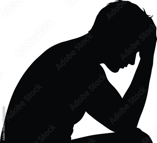 Silhouette of a man holding his head in despair sadness, silhouette, man, despair, sadness, grief, stress, anxiety, depression, head in hands, pain, suffering, emotional, distress, isolated, white bac