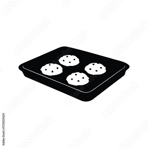 Four freshly baked chocolate chip cookies displayed on a square baking pan, baking tray with cookies silhouette vector illustration