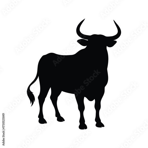 Powerful black bull silhouette standing gracefully against a clean white background, bull in rodeo silhouette vector illustration
