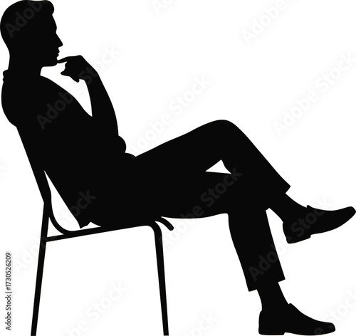 Silhouette of a man sitting and thinking on a chair, silhouette, man, male, sitting, chair, thinking, contemplation, pensive, thoughtful, pose, gesture, hand, chin, finger, arm, leg, crossed, casual, 