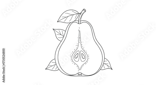 A stylized illustration of a halved pear with visible seeds and leaves.