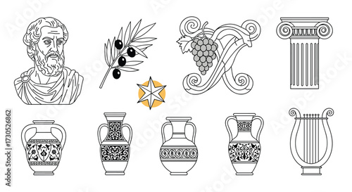 A collection of ancient greek ornamental design elements and illustrations.