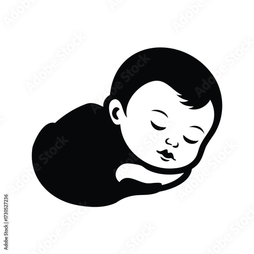 Stylized black and white drawing of a peacefully sleeping baby in fetal position, newborn baby sleeping silhouette vector illustration