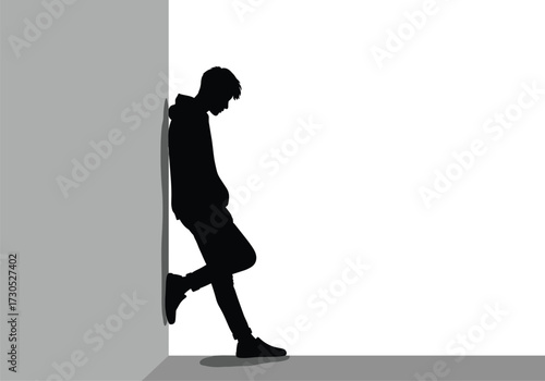 Silhouette of a young man leaning against a wall male, silhouette, man, male, person, young, teenager, leaning, wall, hoodie, casual, sad, lonely, dejected, thoughtful, pensive, isolated, white backgr