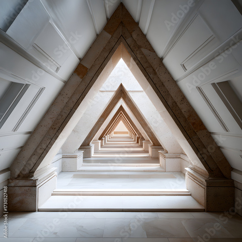 A serene architectural perspective filled with harmonious triangular frames, inviting contemplation and introspection.