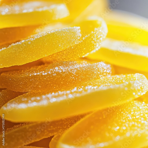 Extreme macro close-up of bright yellow sugar-coated sour gummy slices